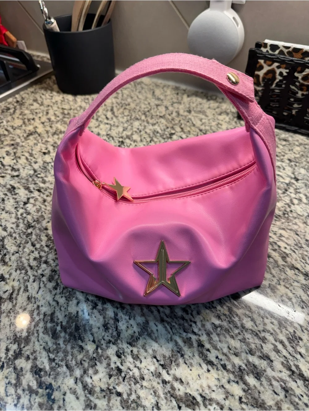 Jeffree Star Pink Cosmetic Handle Bag with Gold Star Accent